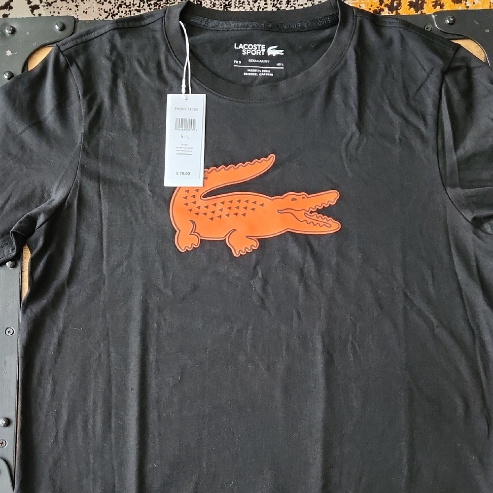 LACOSTE Black Tee with Orange Crocodile